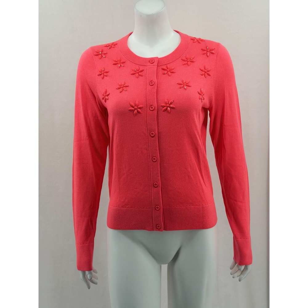 Kate Spade Sweater Womens Medium Coral Pink Silk Blend Cardigan Floral Preppy